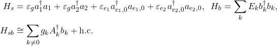 \begin{align*} H_{s}&=\varepsilon_{g}a^{\dagger}_{1}a_{1}+\varepsilon_{g}a^{\dagger}_{2}a_{2}+\varepsilon_{e_{1}}a^{\dagger}_{e_{1},0}a_{e_{1},0}+\varepsilon_{e_{2}}a^{\dagger}_{e_{2},0}a_{e_{2},0},\;\;H_{b}=\sum_{k}E_{k}b^{\dagger}_{k}b_{k},\nonumber\\ H_{sb}&\cong\sum_{k\neq 0}g_{k}A^{\dagger}_{k}b_{k}+\mathrm{h.c.} \end{align*}