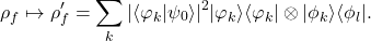 \begin{equation*} \rho_f\mapsto \rho_f'=\sum_{k} |\langle\varphi_k|\psi_0\rangle|^2 |\varphi_k\rangle\langle\varphi_k| \otimes |\phi_k\rangle\langle\phi_l| . \end{equation*}