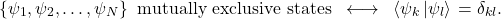 \begin{equation*} \{\psi_1,\psi_2,\dots,\psi_N\}\;\; \mbox{mutually exclusive states} \;\; \longleftrightarrow \;\; \left<\psi_k\left|\psi_l\right>\right.=\delta_{kl}.\end{equation*}