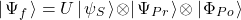 \begin{equation*} \left|\left.\Psi_f\right.\right>=U\left|\left.\psi_{S}\right.\right> \! \otimes \! \left|\left.\Psi_{Pr}\right.\right> \! \otimes \left|\left.\Phi_{Po}\right.\right> \end{equation*}