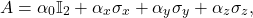 \begin{eqnarray*} A= \alpha_0 \mathbb{I}_2 + \alpha_x \sigma_x + \alpha_y \sigma_y + \alpha_z \sigma_z, \end{eqnarray*}