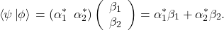 \begin{equation*} \left<\psi\left|\phi\right>\right. = (\alpha_1^*\;\; \alpha_2^*)\left(\begin{array}{c}             \beta_1\\             \beta_2           \end{array}\right) = \alpha_1^* \beta_1 + \alpha_2^*\beta_2 \nonumber . \end{equation*}